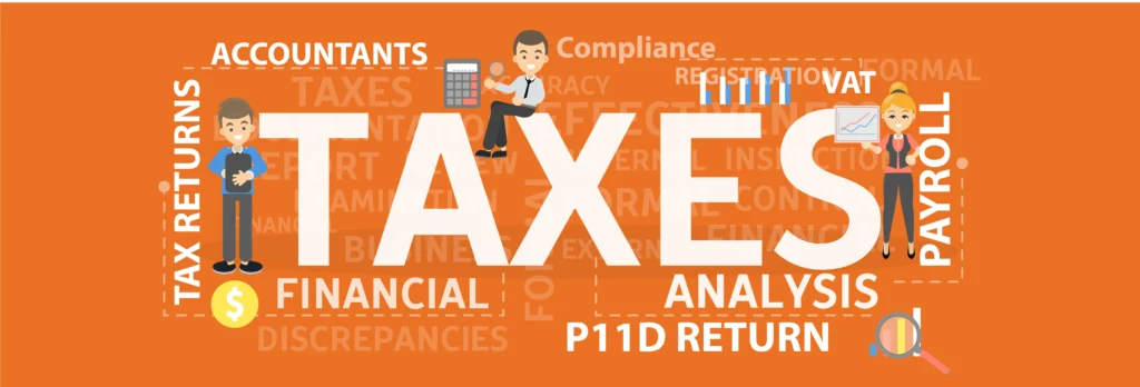 Illustration showing the word “AUDIT” surrounded by accounting terms like tax returns, payroll, VAT, and analysis, with cartoon business professionals representing financial services.